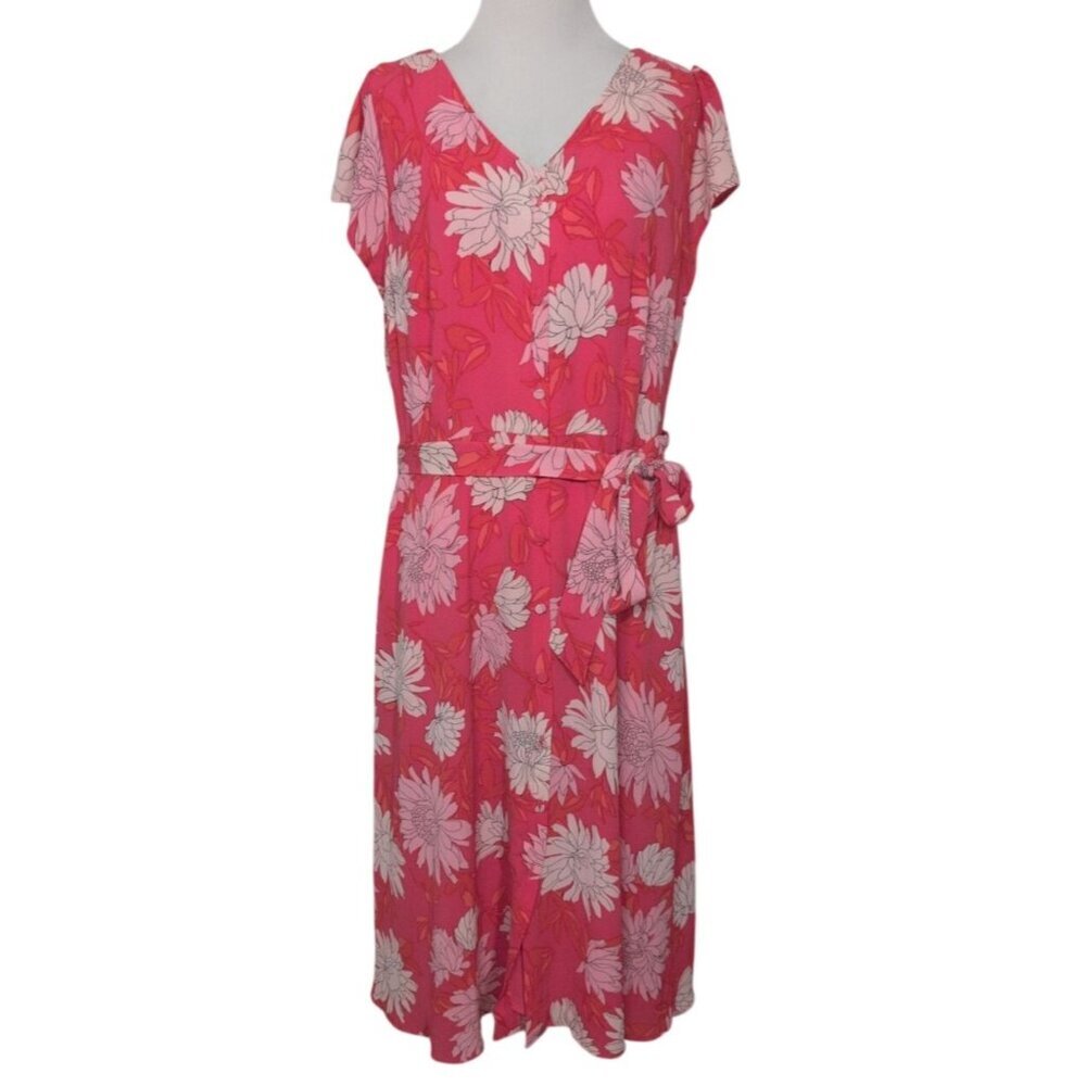 Talbots Chrysanthemum Midi Shirt Dress Womens Petite Size 14 Pink Floral Belted